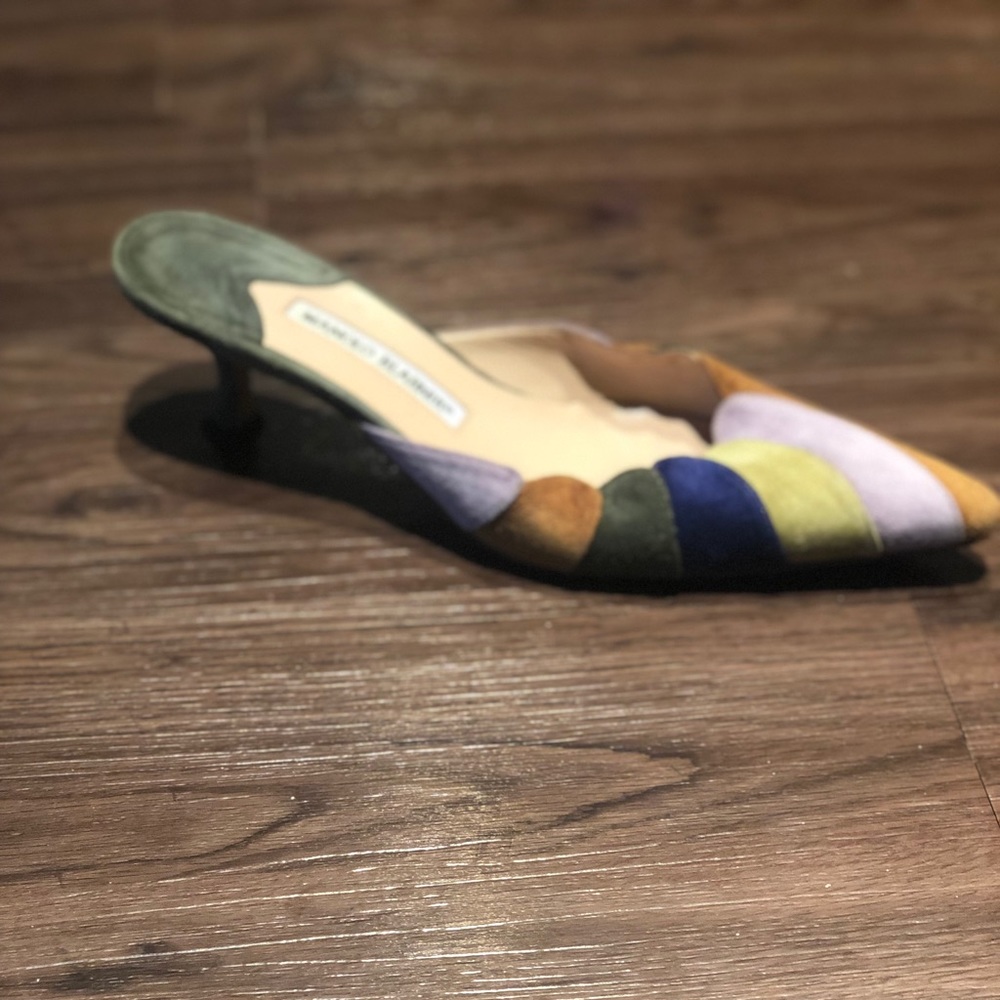 Manolo Blahnik Multicolor Suede Kitten Heel Mules